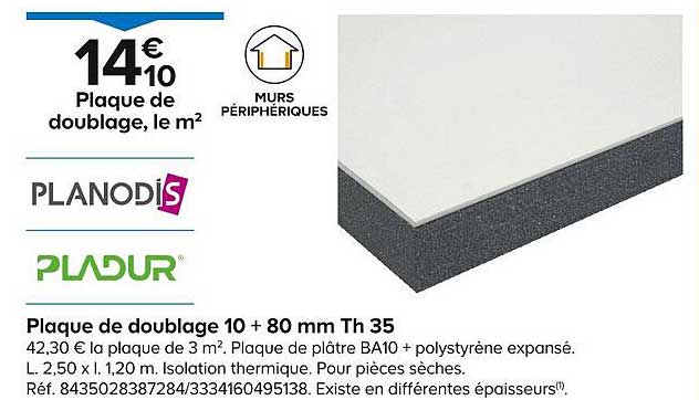 plaque de doublage 10 + 80 mm th 35 pladur planodis