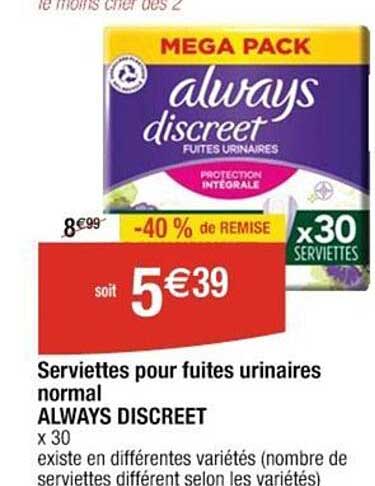 serviettes pour fuites urinaires normal always discreet