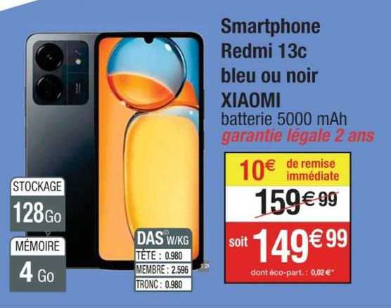 smartphone redmi 13c bleu ou noir xiaomi