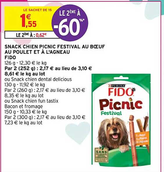 snack chien picnic festival au bœuf au poulet et à l'agneau fido