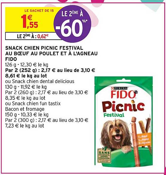 snack chien picnic festival au bœuf au poulet et à l'agneau fido