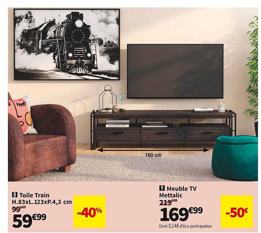 toile train h.83xl.123xp.4,3 cm ou meuble tv mettalic