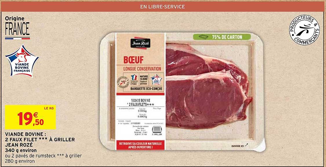 viande bovine: 2 faux filet à griller jean rozé 340 g environ