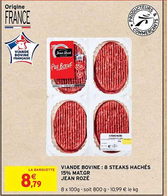 viande bovine: 8 steaks hachés 15% mat.gr jean rozé