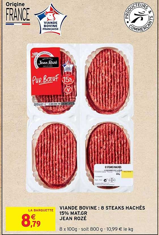 viande bovine: 8 steaks hachés 15% mat.gr jean rozé