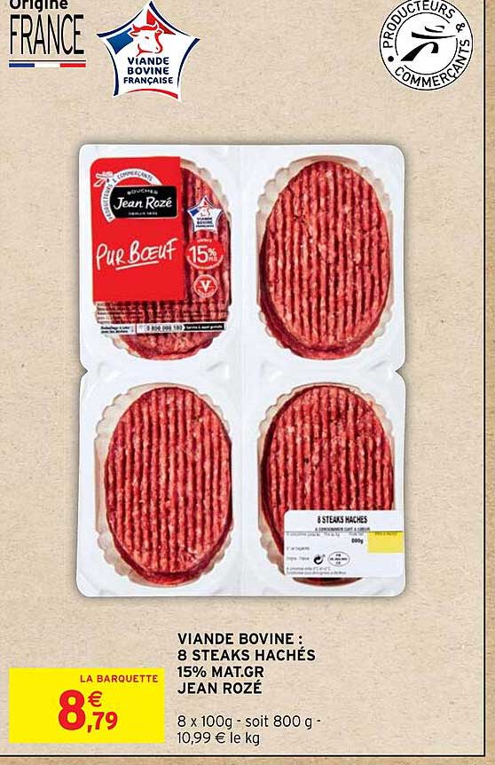 viande bovine: 8 steaks hachés 15% mat.gr jean rozé