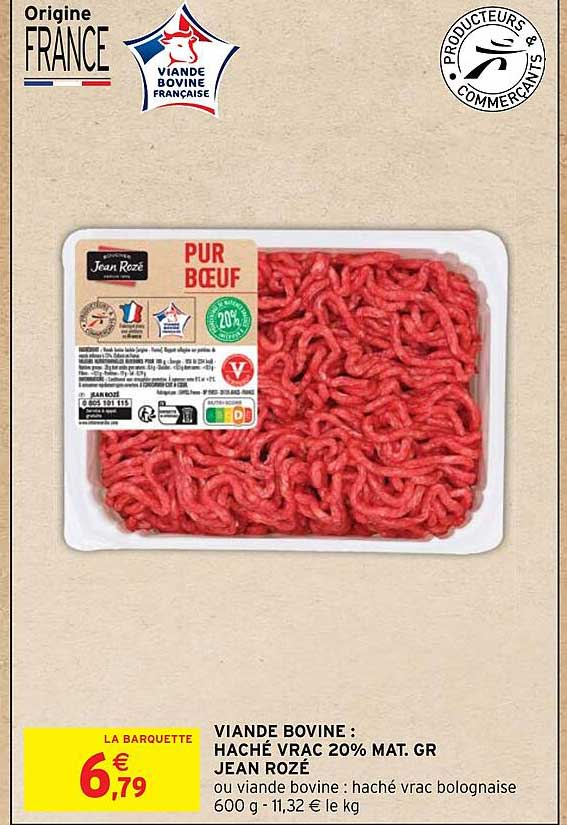 viande bovine: haché vrac 20% mat. gr jean rozé