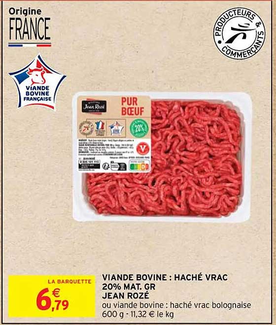 viande bovine: haché vrac 20% mat. gr jean rozé