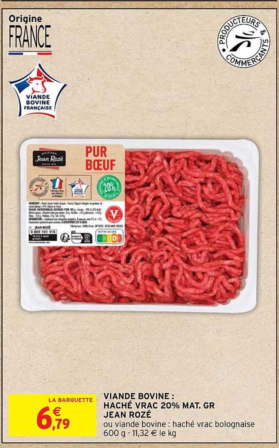 viande bovine: haché vrac 20% mat. gr jean rozé