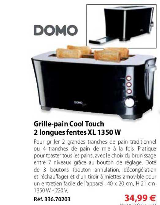 grille pain cool touch 2 longues fentes xl 1350 w domo