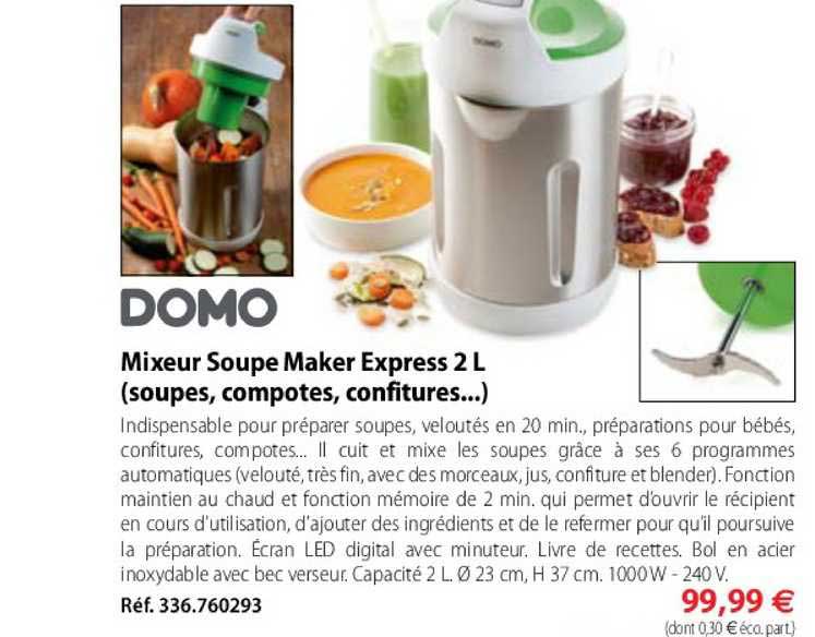 mixeur soupe maker express 2l (soupes, compotes, confitures) domo
