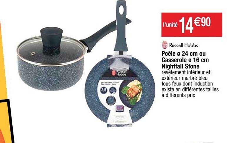 poêle 24 cm ou casserole 16 cm nightfall stone russell hobbs