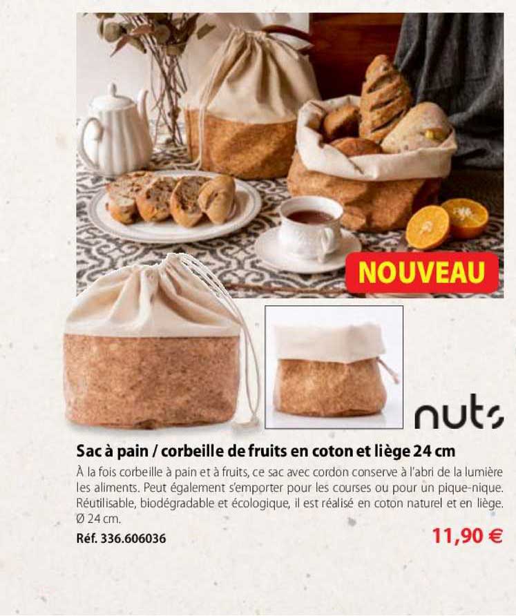 sac à pain corbeille de fruits en coton et liège 24 cm nuts