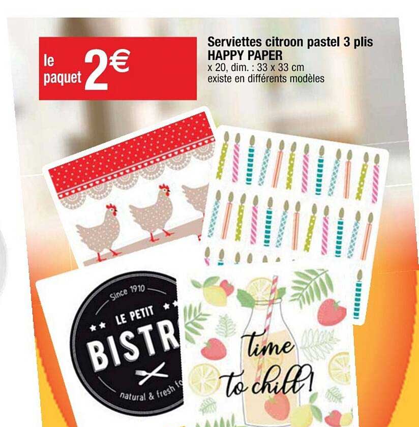 serviettes citron pastel 3 plis happy paper