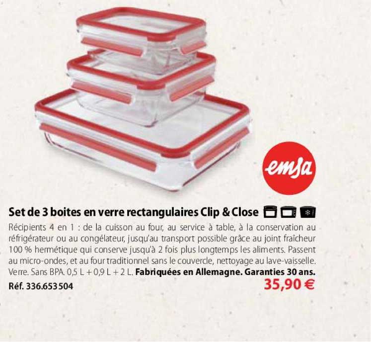 Set De 3 Boites En Verre Rectangulaires Clip&close Emsa