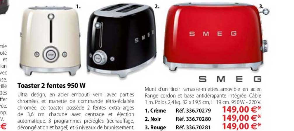 toaster 2 fentes 950w smeg