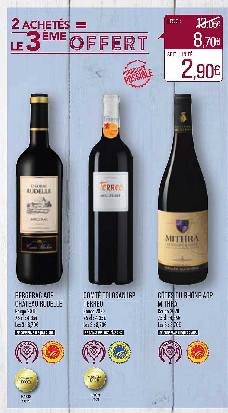 bergerac aop château rudelle rouge 2018, comté tolosan igp terreo rouge 2020, côtes du rhône aop mithra rouge 2020