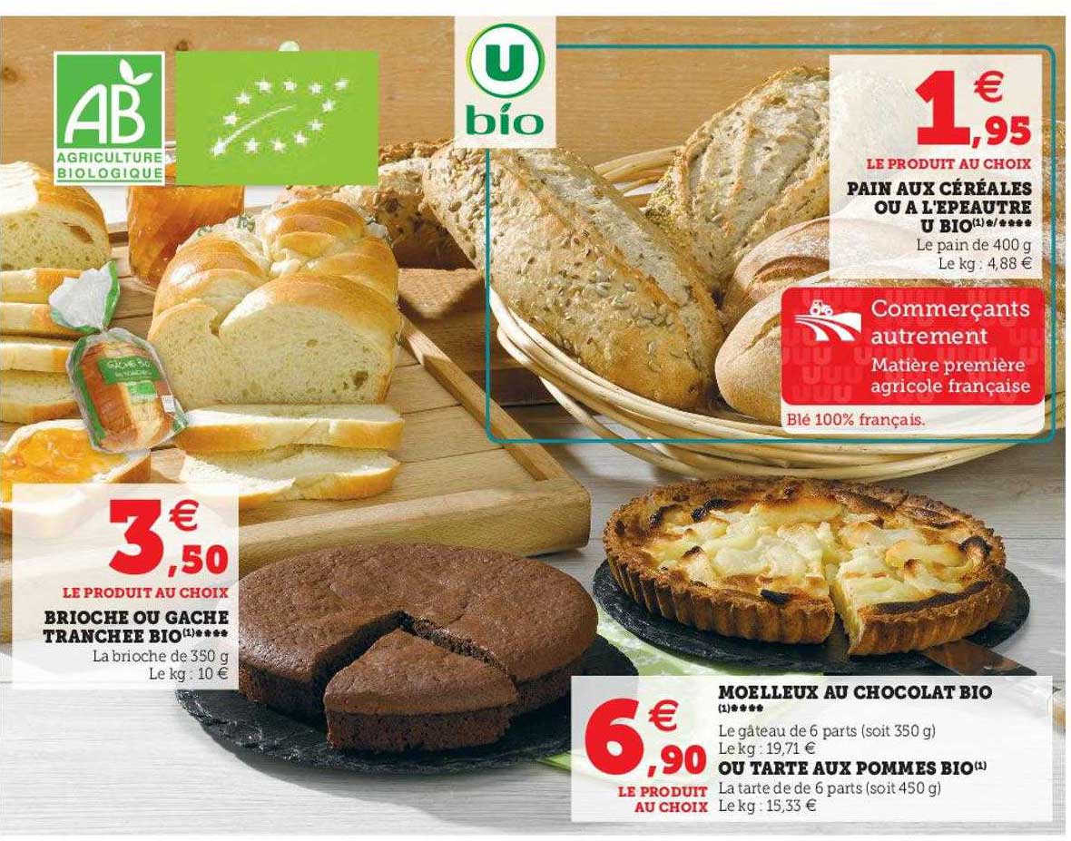 brioche ou gâche tranchée bio, pain aux céréales ou à l'épeautre u bio, moelleux au chocolat bio ou tarte aux pommes bio