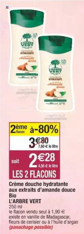 crème douche hydratante aux extraits d'amande douce bio l'arbre vert