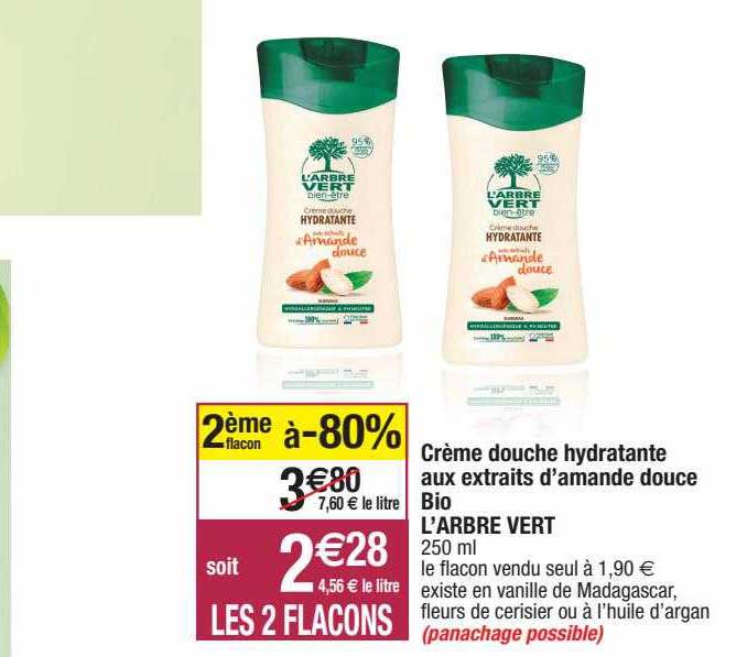 crème douche hydratante aux extraits d'amande douce bio l'arbre vert