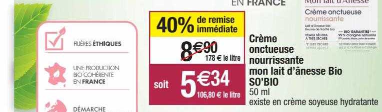 crème onctueuse nourrissante mon lait d'ânesse bio so'bio