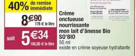 crème onctueuse nourrissante mon lait d'ânesse bio so'bio