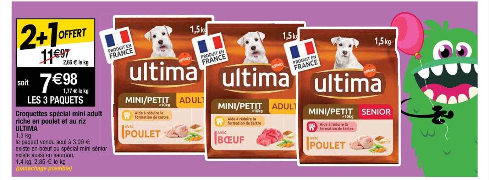 croquettes spécial mini adult riche en poulet et au riz ultima
