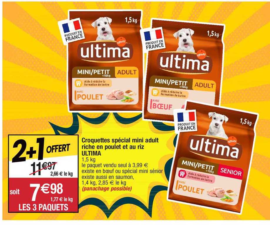 croquettes spécial mini adult riche en poulet et au riz ultima