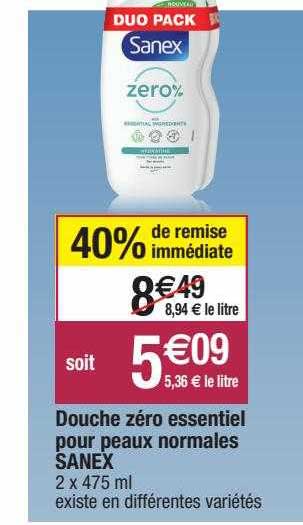 douche zéro essentiel pour peau normales sanex
