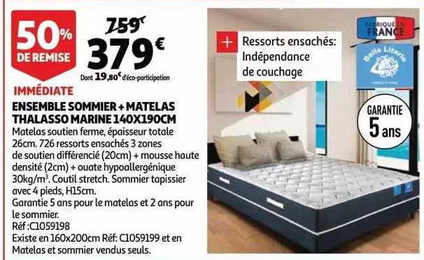 ensemble sommier + matelas  thalasso marine 140 x 190 cm