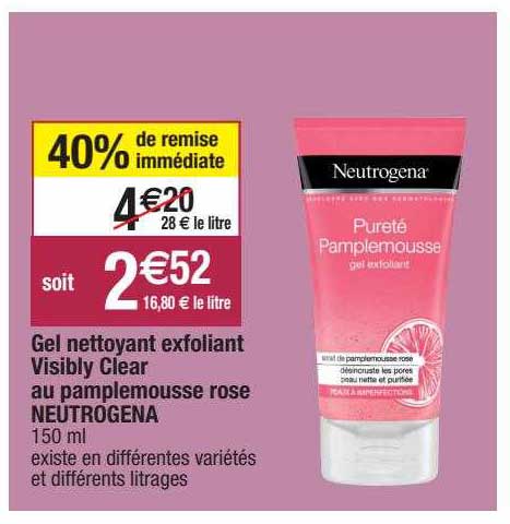 gel nettoyant exfoliant visibly clear au pamplemousse rose neutrogena