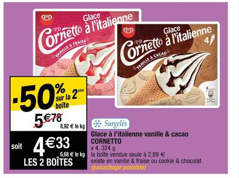 glace à l'italienne vanille & cacao cornetto