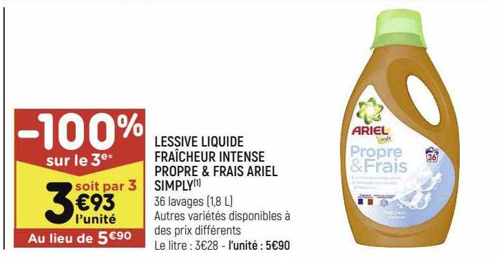 lessive liquide fraîcheur intense propre & frais ariel simply