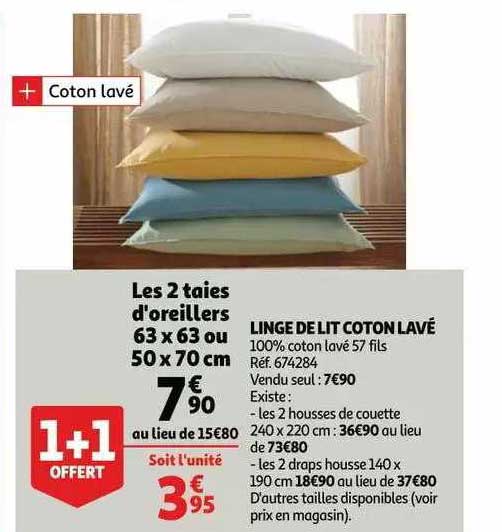 linge de lit coton lavé : les 2 taies d'oreiller 63 x 63 ou 50 x 70 cm