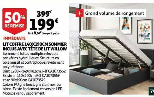lit coffre 140 x 190 cm sommier inclus avec tête de lit willow