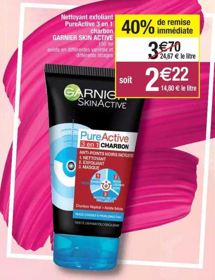 Nettoyant Exfoliant PureActive 3 En 1 Charbon Garnier Skin Active
