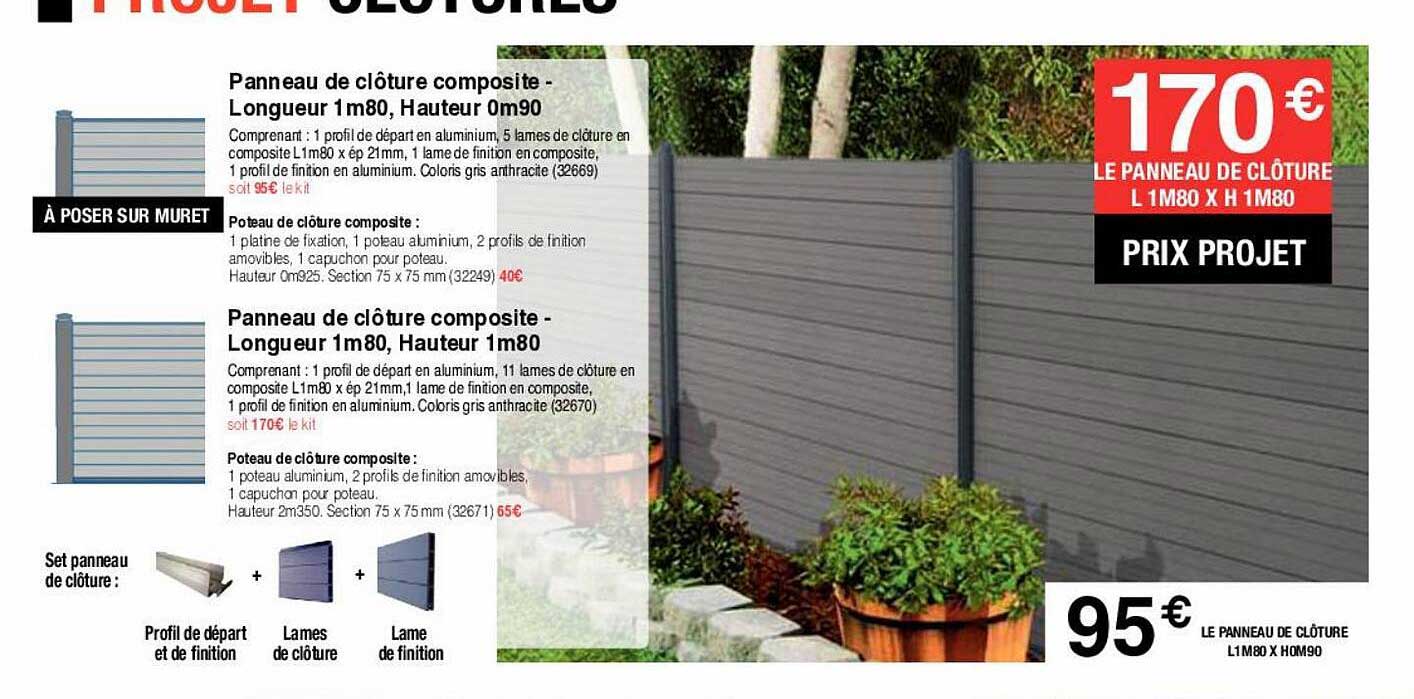 panneau de clôture composite - longueur 1m80, hauteur 0m90, poteau de clôture , panneau de clôture composite - longueur 1m80, hauteur 1m80 , le panneau de clôture l 1m80 x h 1m80