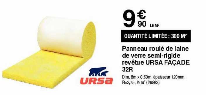 panneau roulé de laine de verre semi-rigide revêtue ursa façade 32r