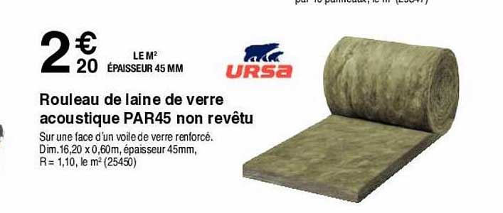 rouleau de laine de verre acoustique par45 non revêtu ursa