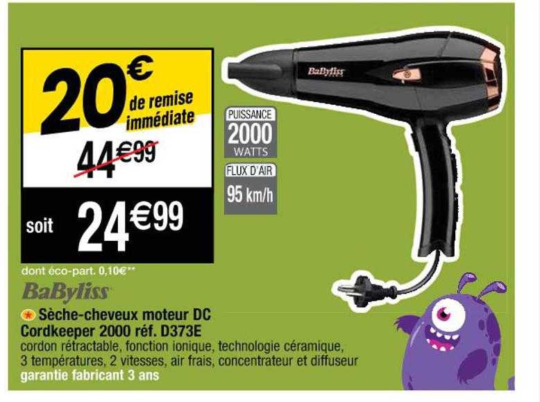 sèche-cheveux moteur dc cordkeeper 2000 réf. d373e babyliss