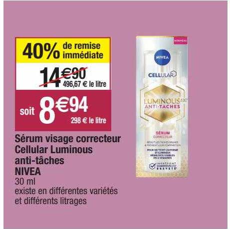 sérum visage correcteur cellular luminous anti-tâches nivea