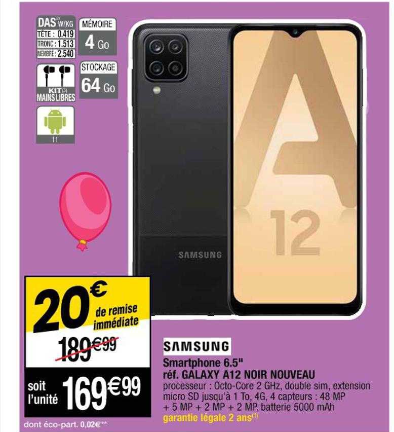 smartphone 6.5" galaxy a12 noir nouveau samsung