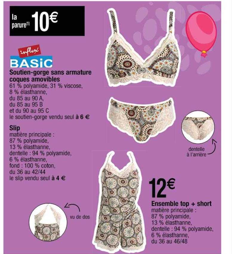 soutien-gorge sans armature coques amovibles, slip, ensemble top + short