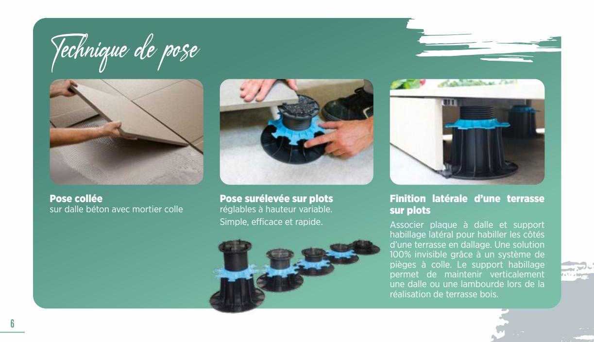 pose collée, pose surélevée sur plots, finition latérale d'une terrasse sur plots