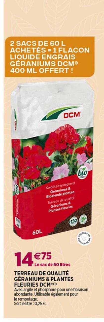 terreau de qualité géraniums & plantes fleuries dcm