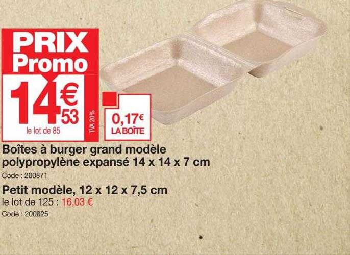 boîtes à burger grand modèle polypropylène expansé 14 x 14 x 7 cm, petit modèle 12 x 12 x 7,5 cm