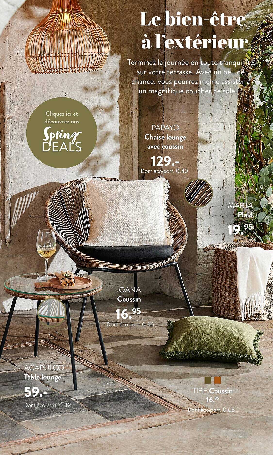 chaise lounge avec coussin papayo, plaid marta, coussin joana, table lounge acapulco, coussin tibe