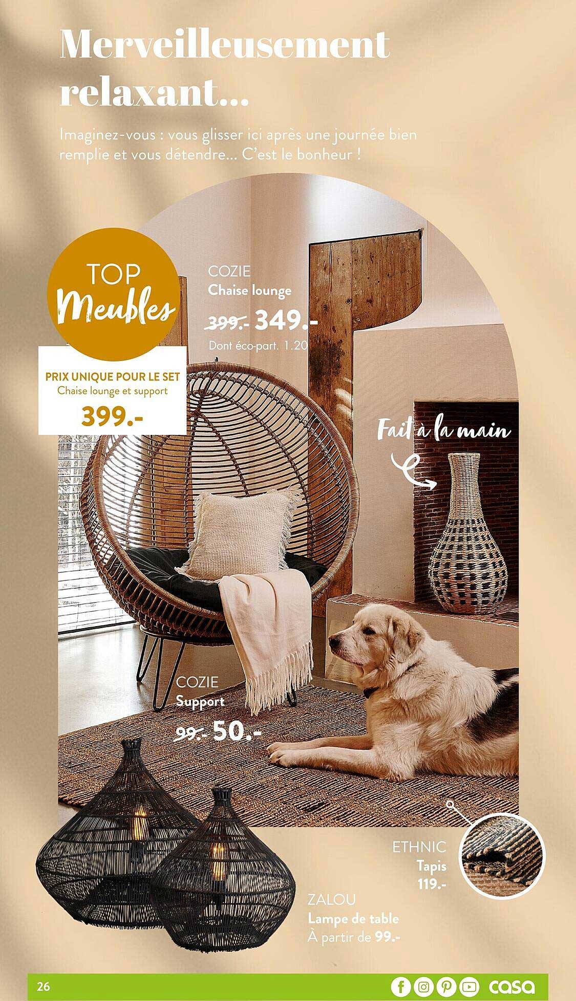 chaise lounge cozie, support cozie, tapis ethnic, lampe de table zalou