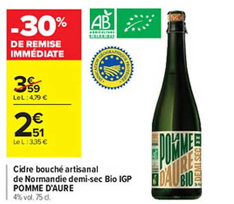 cidre bouché artisanal de normandie demi-sec bio igp pomme d'aure