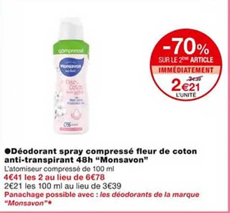 déodorant spray compressé fleur de coton anti-transpirant 48h "monsavon"